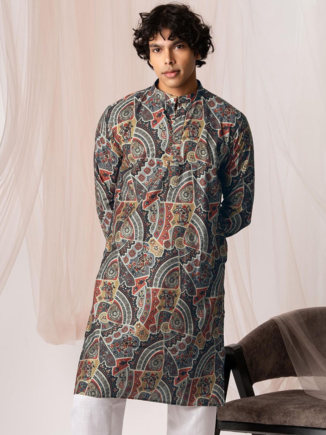 

5 Stitch Ethnic Motifs Printed Band Collar Straight Kurta With Pyjamas, Brown