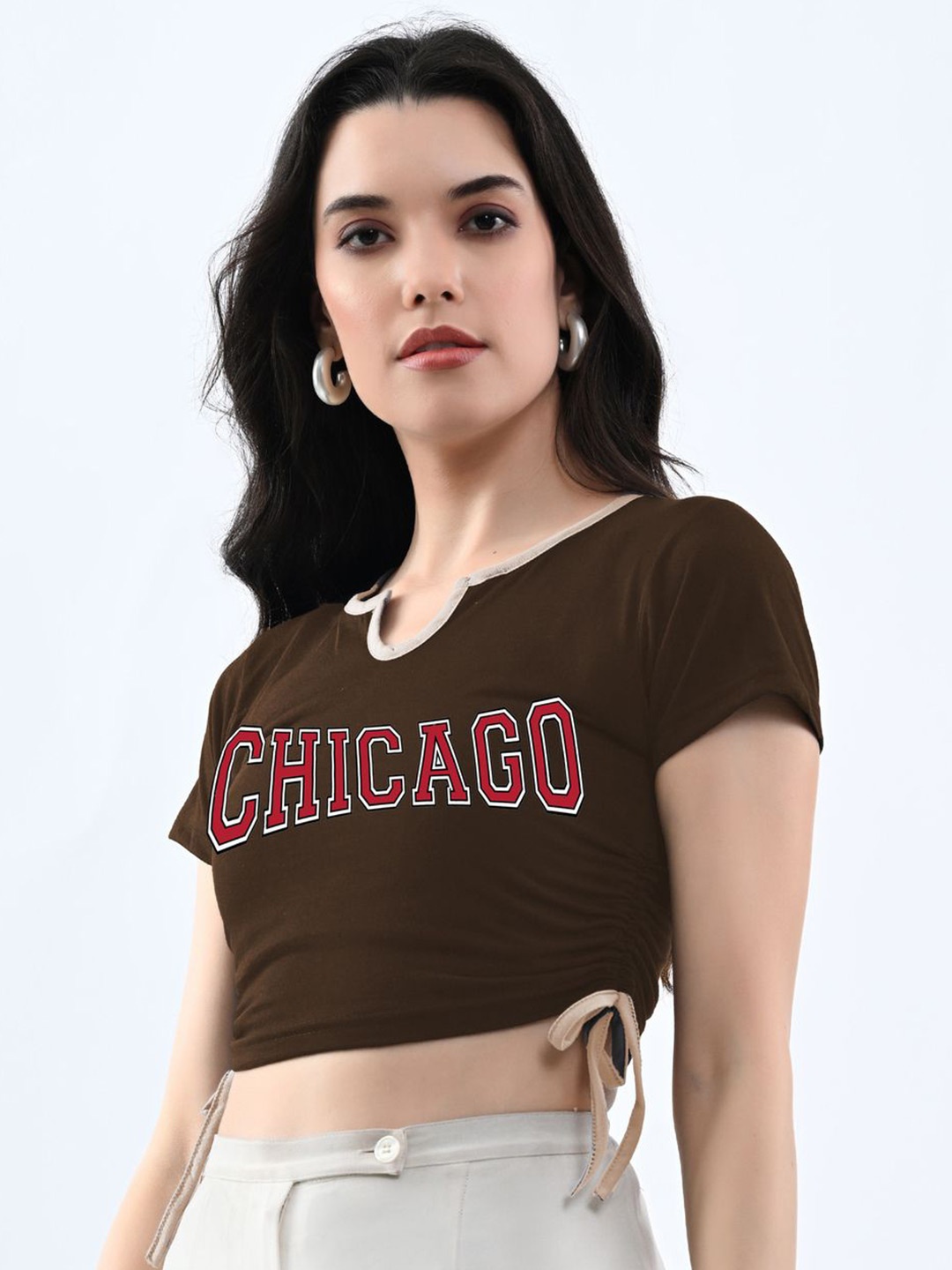 

Moda Rapido Women Typography Printed Round Neck Cotton Top, Brown