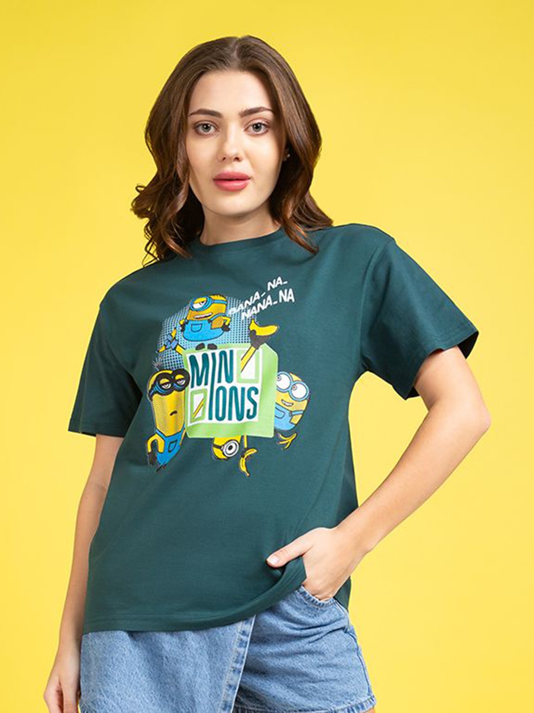 

Minions by Kook N Keech Women Printed Applique T-shirt, Green