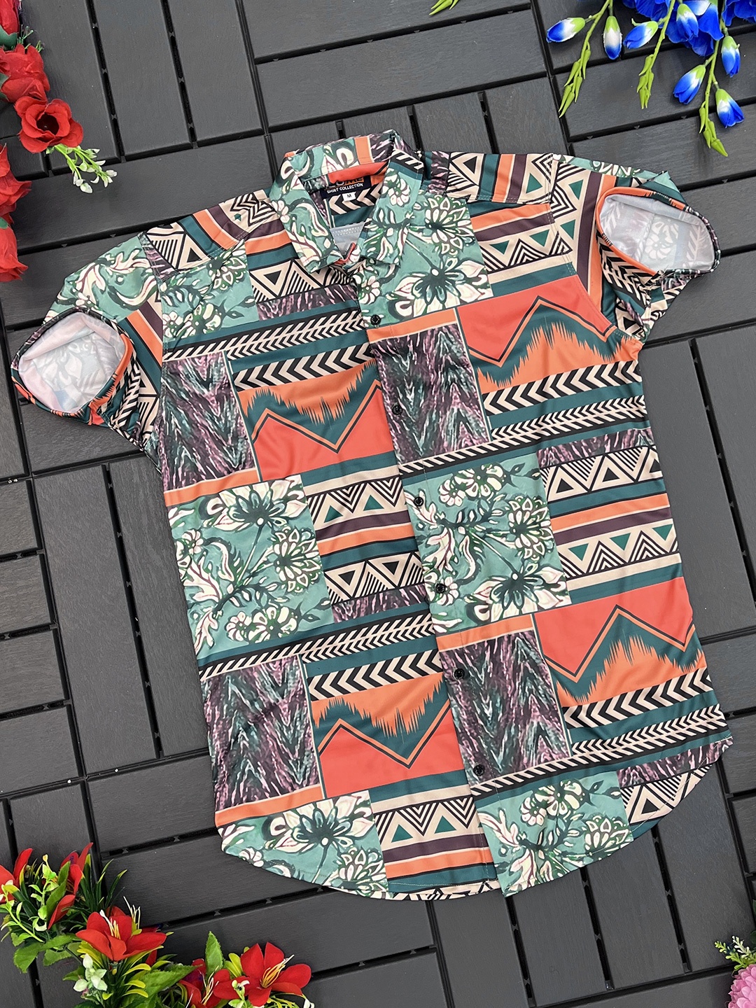 

iCome Men Spread Collar Graphic Printed Cotton Linen Casual Shirt, Green