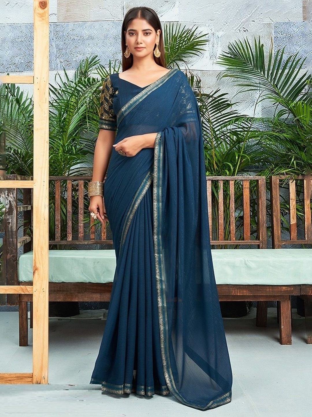 

Styleveda Chanderi Saree With Blouse Piece, Teal