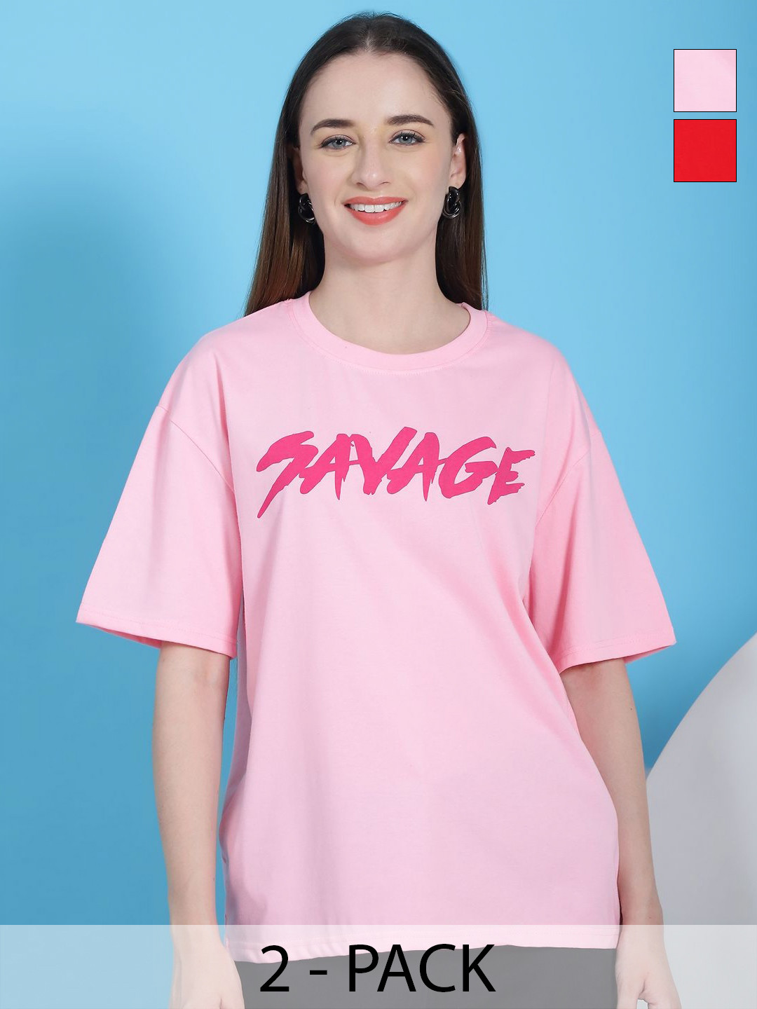 

Dreambe Women Pack Of 2 Graphic Printed Round Neck Cotton Oversized T-shirts, Pink