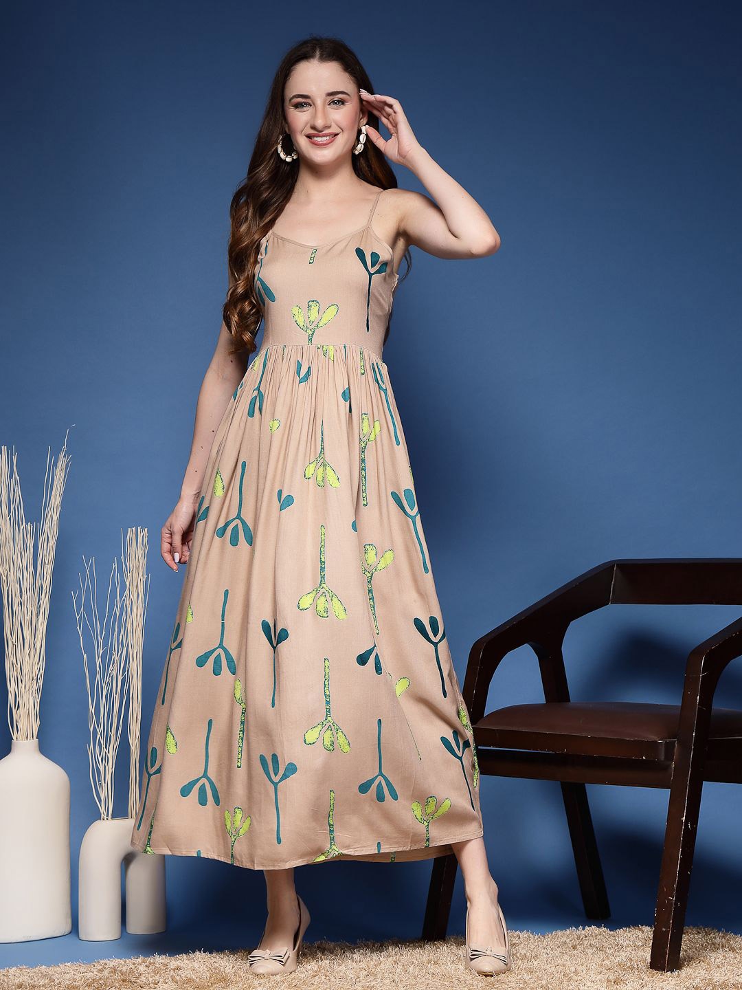 

GLAMALUE Floral Printed Fit and Flare Dress, Beige