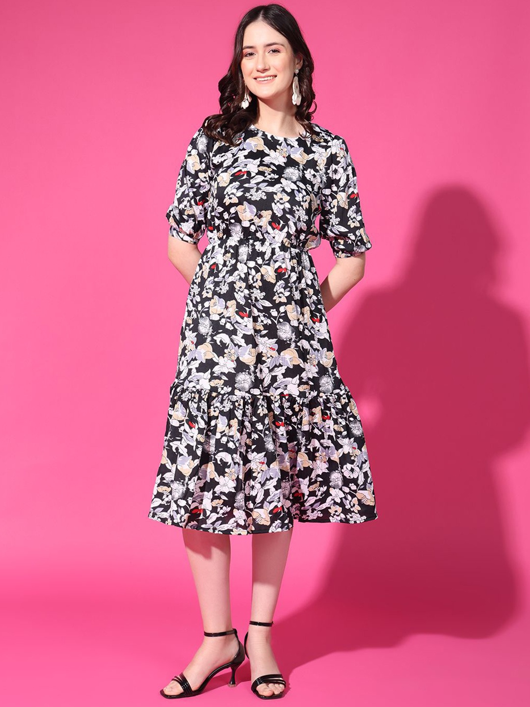 

Istyle Can Floral Print Crepe A-Line Midi Dress, Black