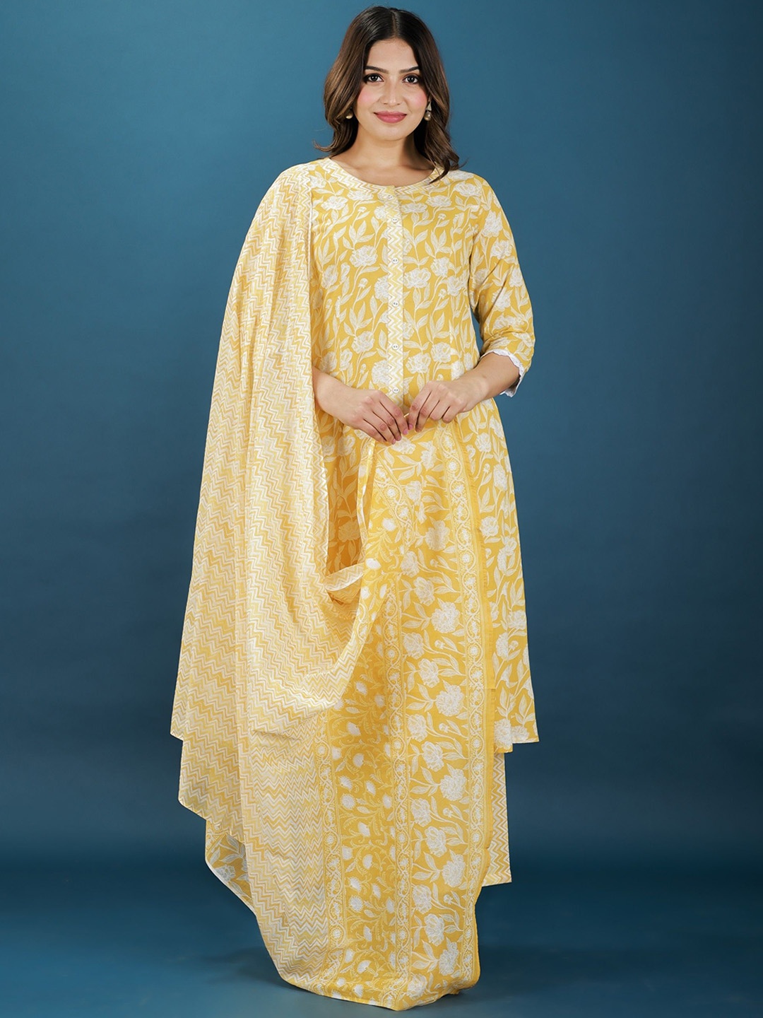 

Aramya Floral Printed Pure Cotton A-line Kurta With Palazzo And Dupatta, Yellow