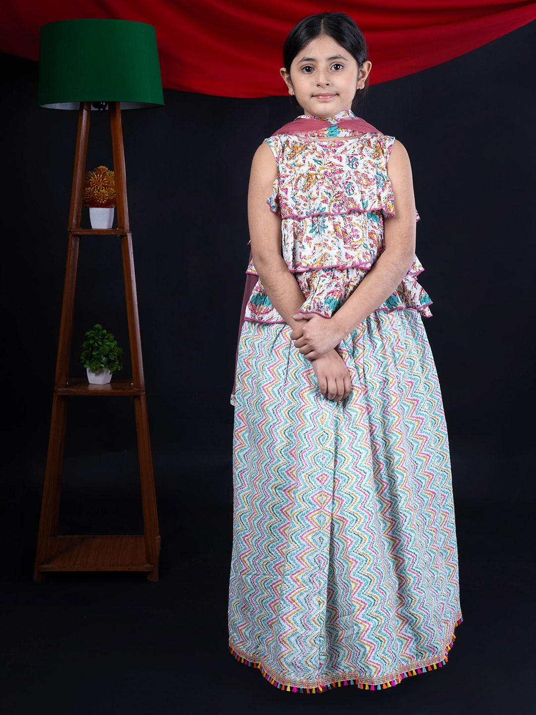 

BEBE UNICORN Girls Floral Printed Cotton Ready to Wear Lehenga & Blouse With Dupatta, Pink