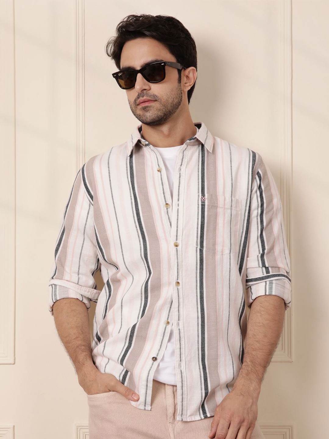 

WROGN Men Comfort Fit Spread Collar Vertical Striped Cotton Casual Shirt, Beige