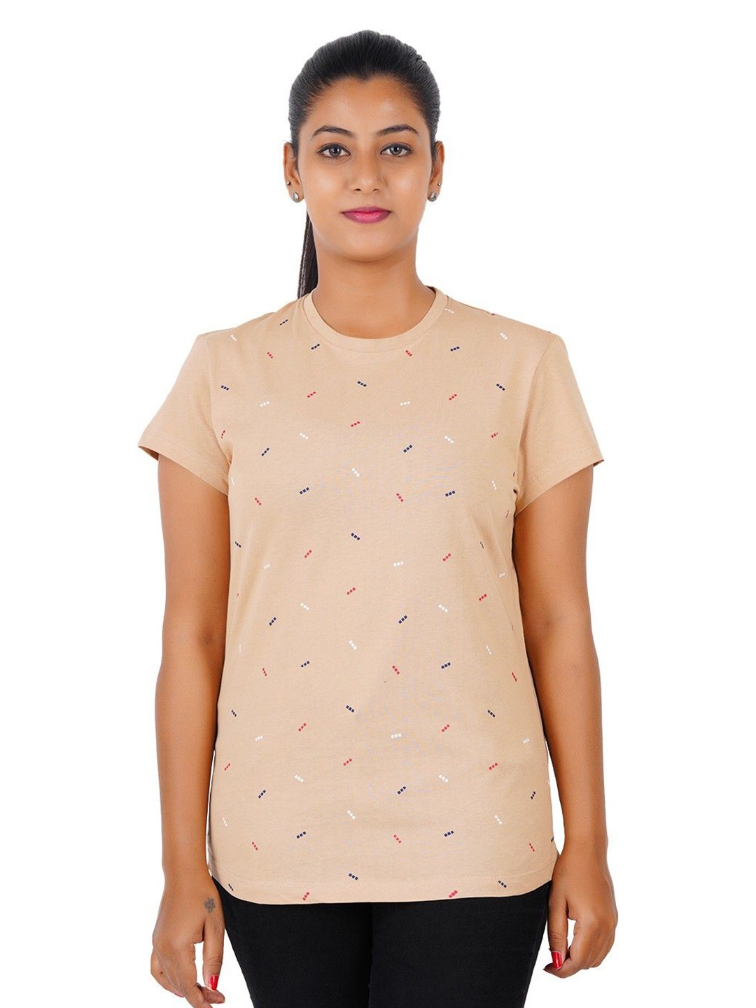 

GUIDE Women Geometric Printed Round Neck Cotton T-shirt, Cream