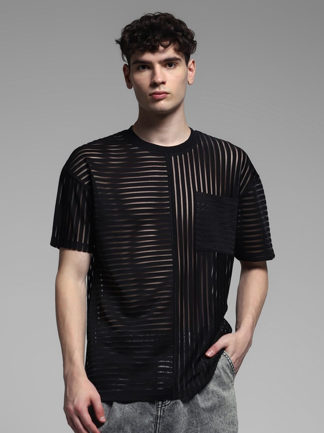 

Jack & Jones Men JJCO UNCLAD Self Design Round Neck Relaxed Fit T-shirt, Black