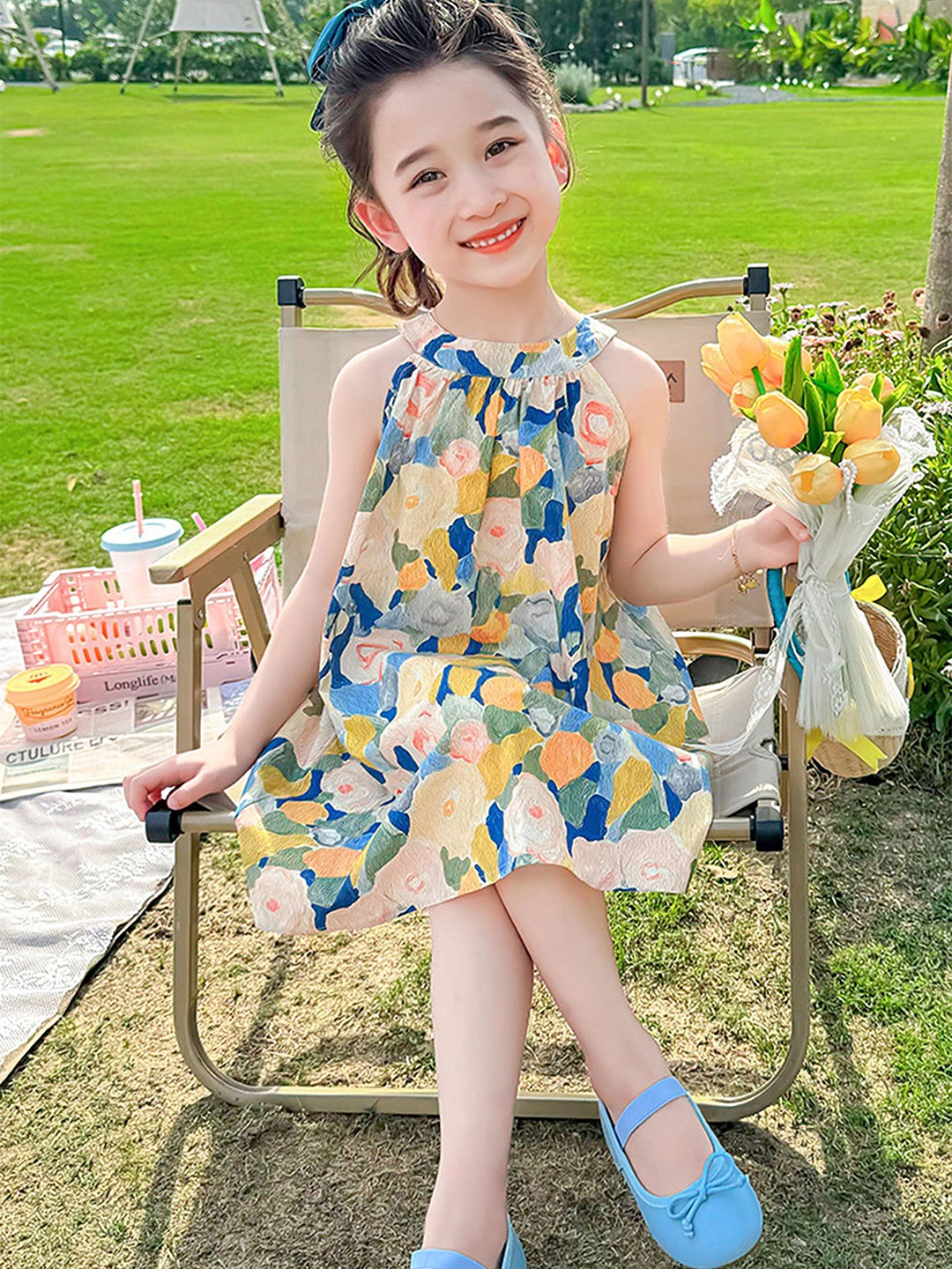 

LULU & SKY Girl Print Round Neck Sleeveless Knee Length A-Line Dress, Green