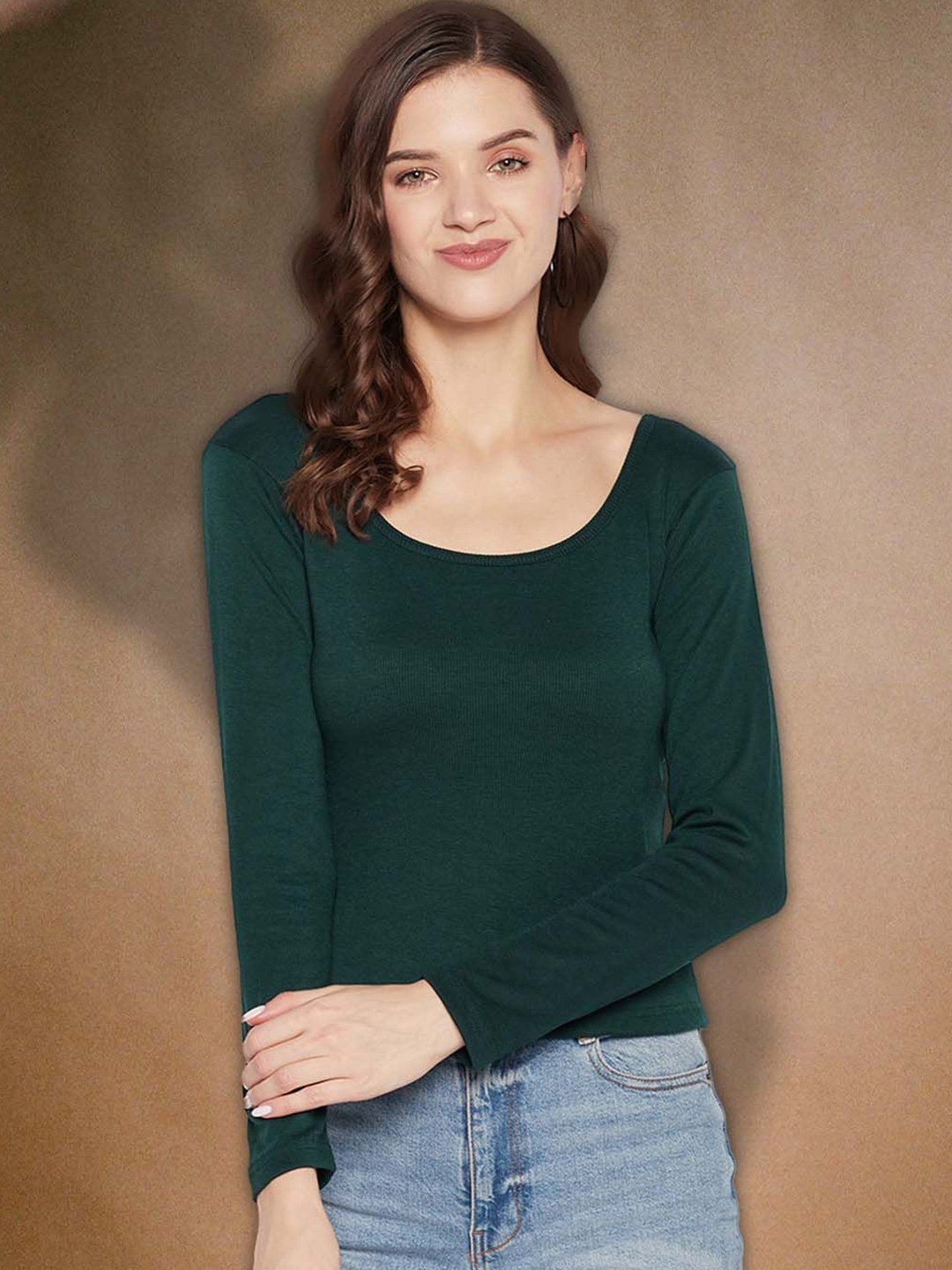 

Moda Rapido Solid Green Ribbed Fitted Long Sleeves Regular Top