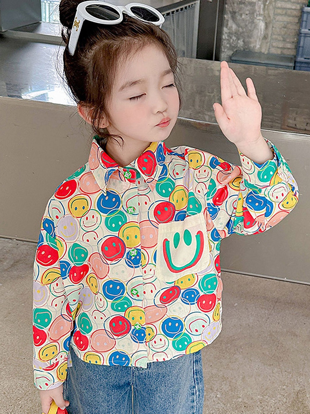

LULU & SKY Girls Spread Collar Graphic Printed Cotton Casual Shirt, Cream