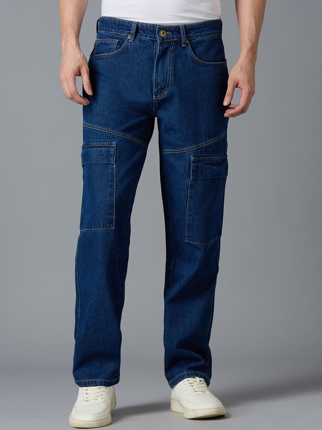 

TCI Men Relaxed Straight Leg Straight Fit Cargos Trousers, Blue