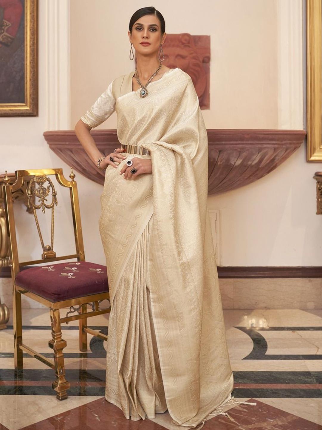 

Anouk Woven Design Zari Silk Blend Banarasi Saree, Cream