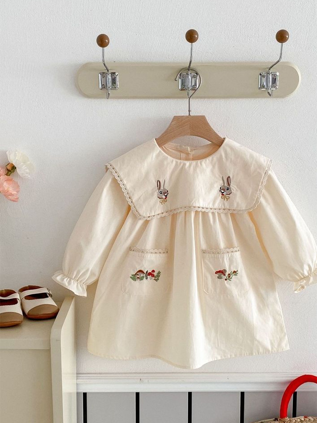 

LULU & SKY Girls Embroidered Round Neck Puff Sleeves Fit &Flare Dress, Beige