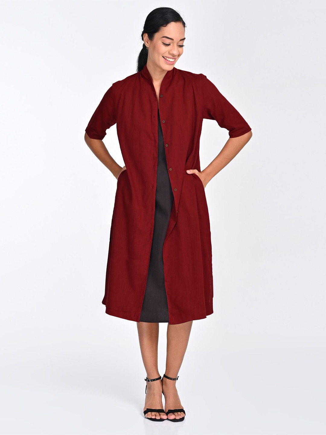 

Saltpetre women long shirt jacket with V-neck midi dress, Coffee brown