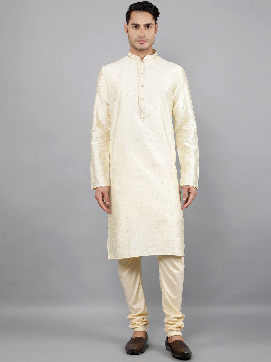 

Manish Creations Floral Woven Design Mandarin Collar Jacquard Straight Kurta With Churidar, Cream