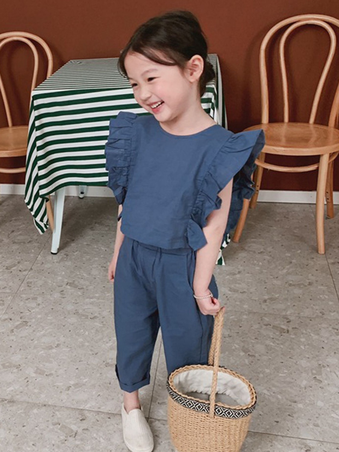 

LULU & SKY Girls Round Neck Linen Top With Trousers, Blue