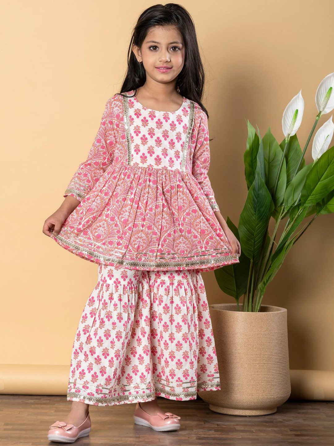 

Readiprint Girls Floral Printed Pure Cotton Anarkali Kurti With Sharara, Pink