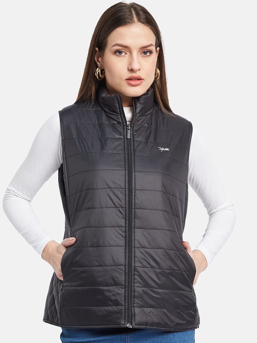 

METTLE Women Mock Collar Solid Casual Quilted Jacket, Black