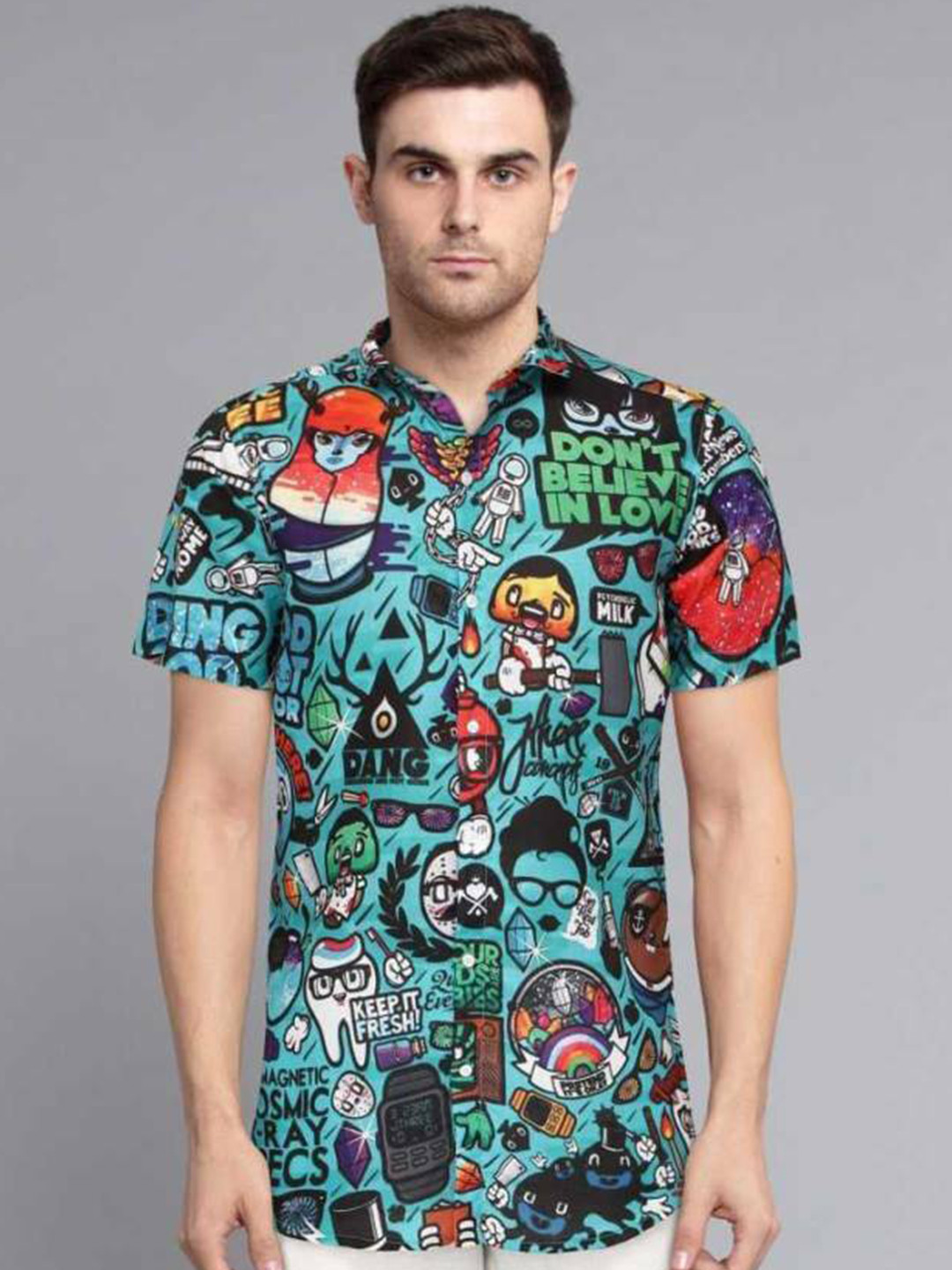 

iCome Men Spread Collar Graphic Printed Cotton Linen Casual Shirt, Turquoise blue