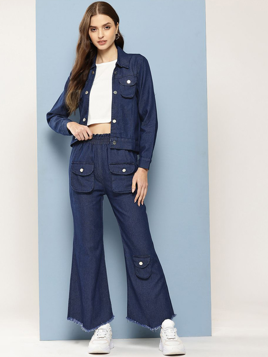 

CORSICA Round Neck Pure Cotton Top With Trousers And Jacket Co-Ords, Navy blue