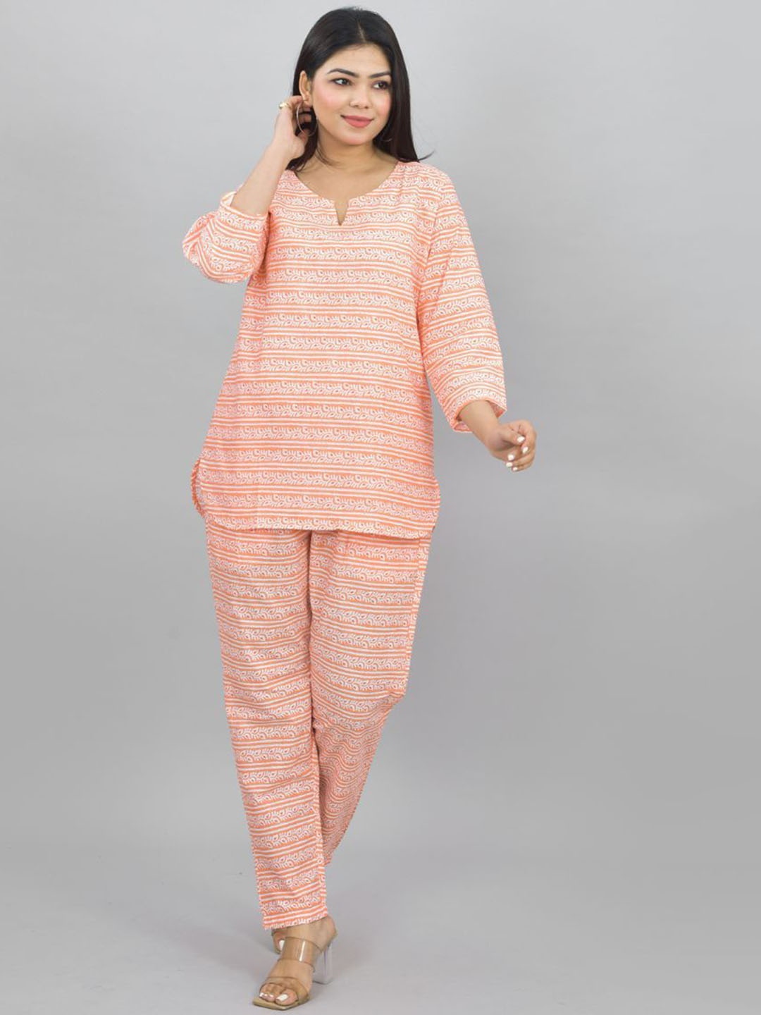 

ATARAH Ethnic Motifs Printed Notch Neck Pure Cotton Top With Pyjama, Peach