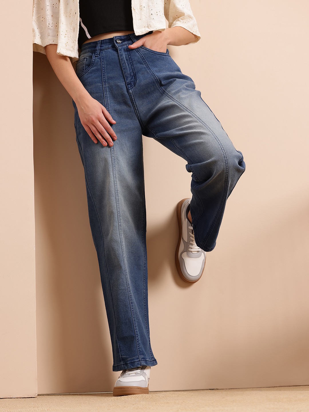

Mast & Harbour Women Relaxed Fit High-Rise Light Fade Stretchable Jeans, Navy blue