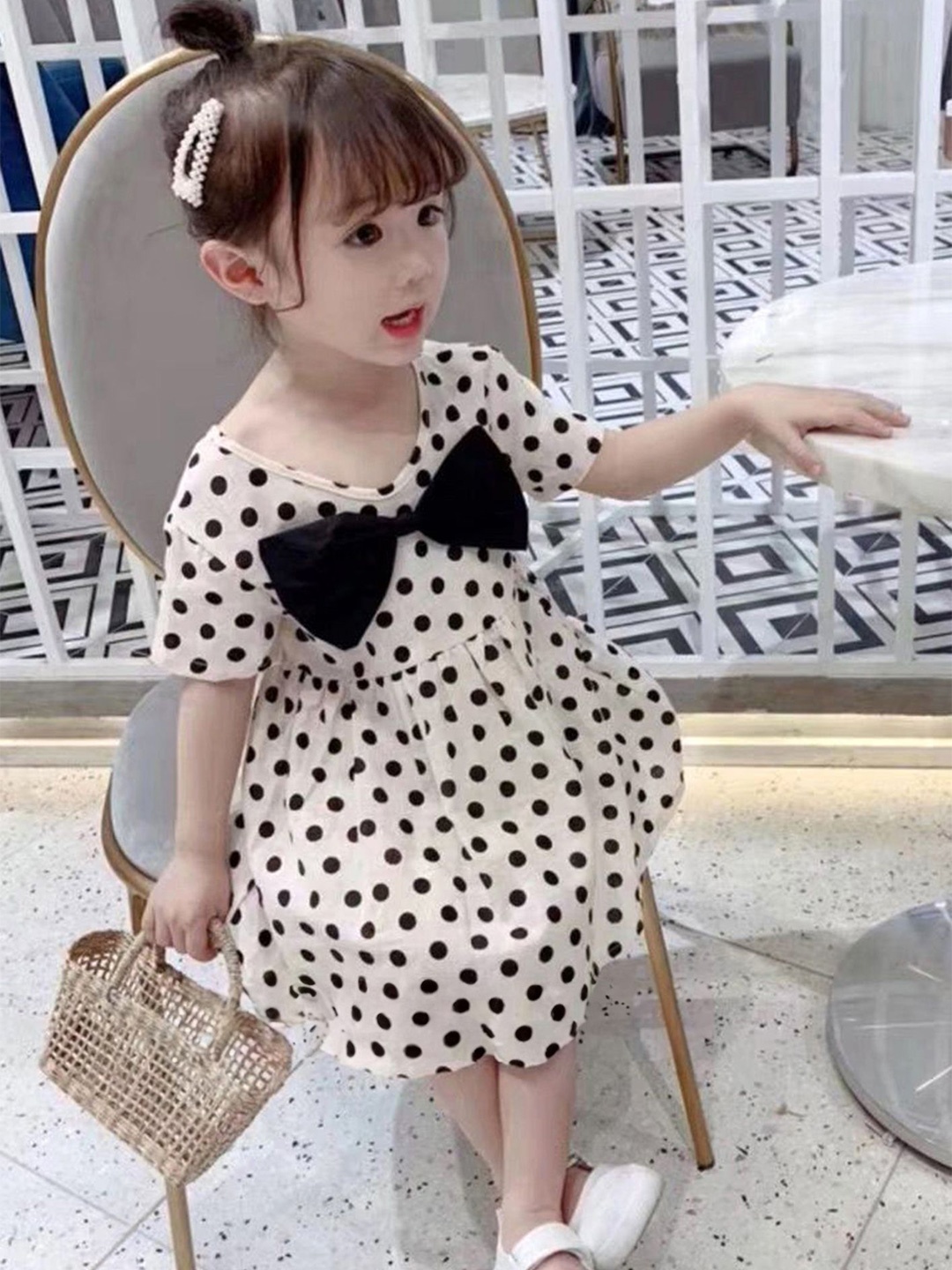 

LULU & SKY Girls Polka Dots Print Bow Detail A-Line Dress, White
