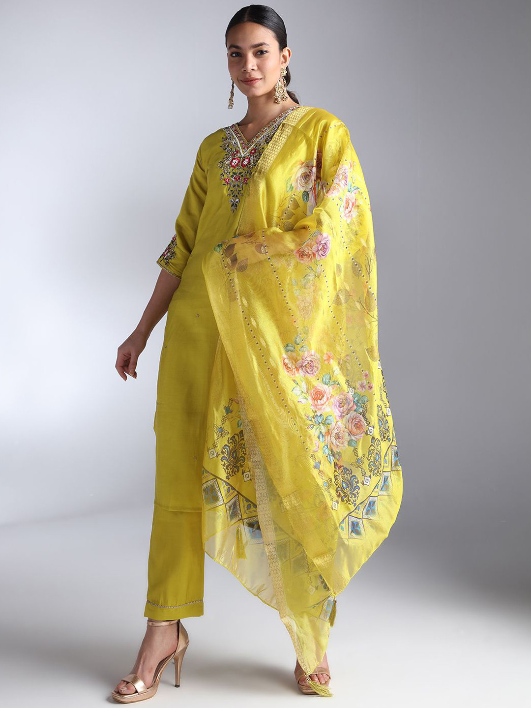 

House Of Dharaa Women Embroidered Chanderi Silk Kurta with Trousers & With Dupatta, Lime green