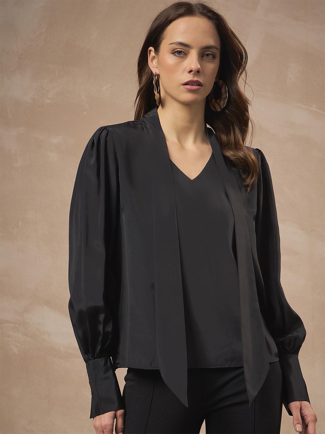 

all about you Women Solid V-Neck Satin Top, Black