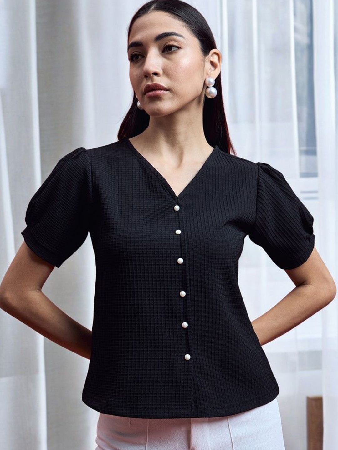 

ANJIR Women Black Solid Textured Puff Sleeves V-Neck Top