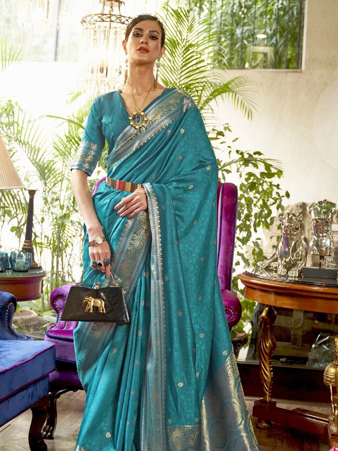 

Anouk Woven Design Zari Silk Blend Banarasi Saree, Blue