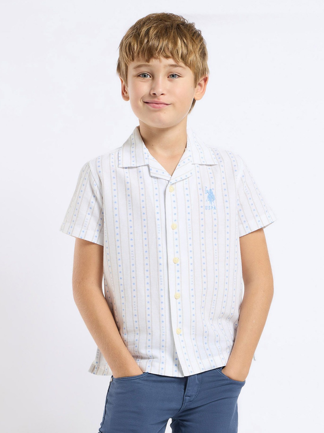 

U.S. Polo Assn. Kids Boys Relaxed Fit Cuban Collar Geometric Printed Cotton Casual Shirt, White