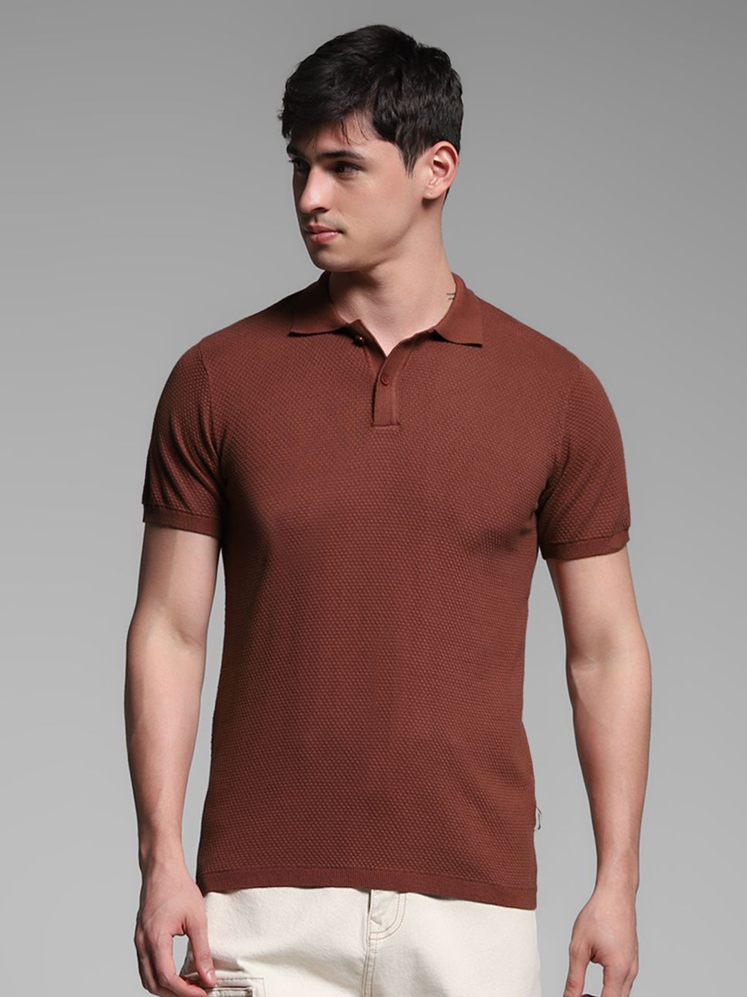 

Jack & Jones Men Self Design Polo Collar Cotton Slim Fit T-shirt, Brown