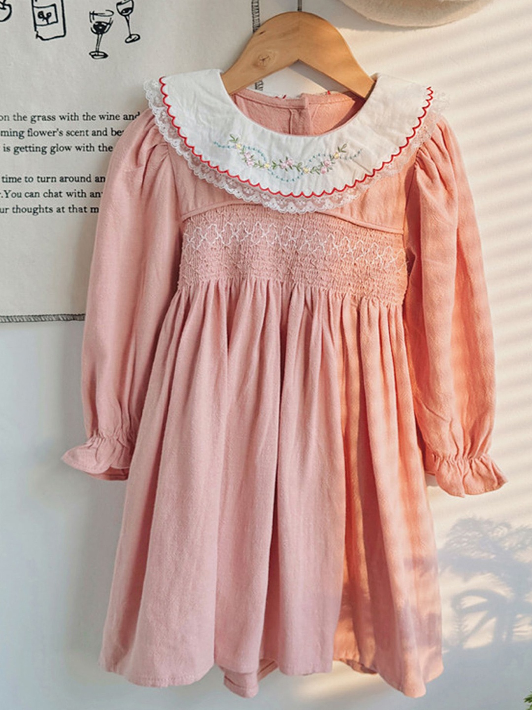 

LULU & SKY Girls Round Neck Fit & Flare Puff Sleeves Smocked Dress, Pink