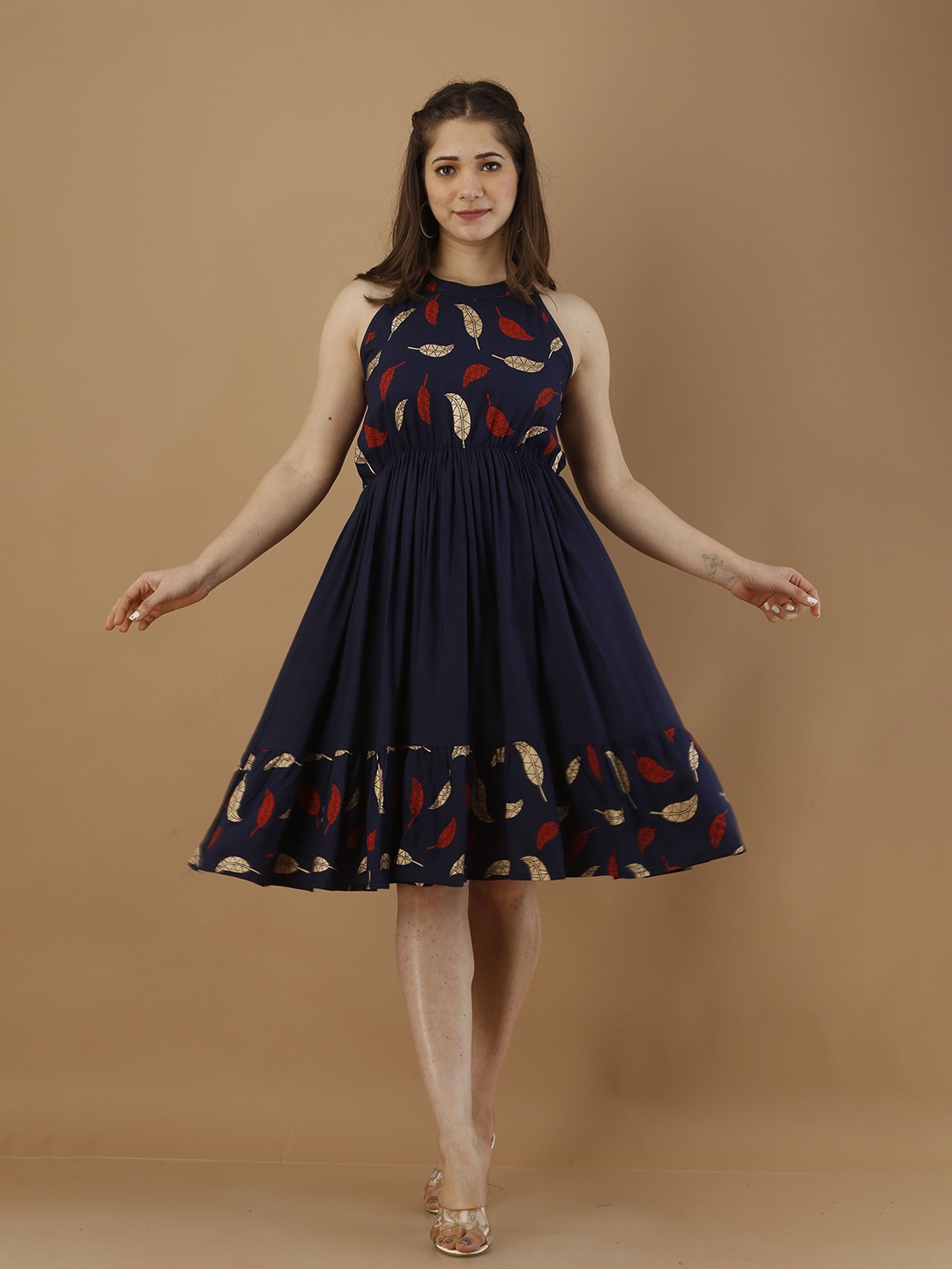 

GLAMALUE Print Halter Neck Crepe Balloon Dress, Blue