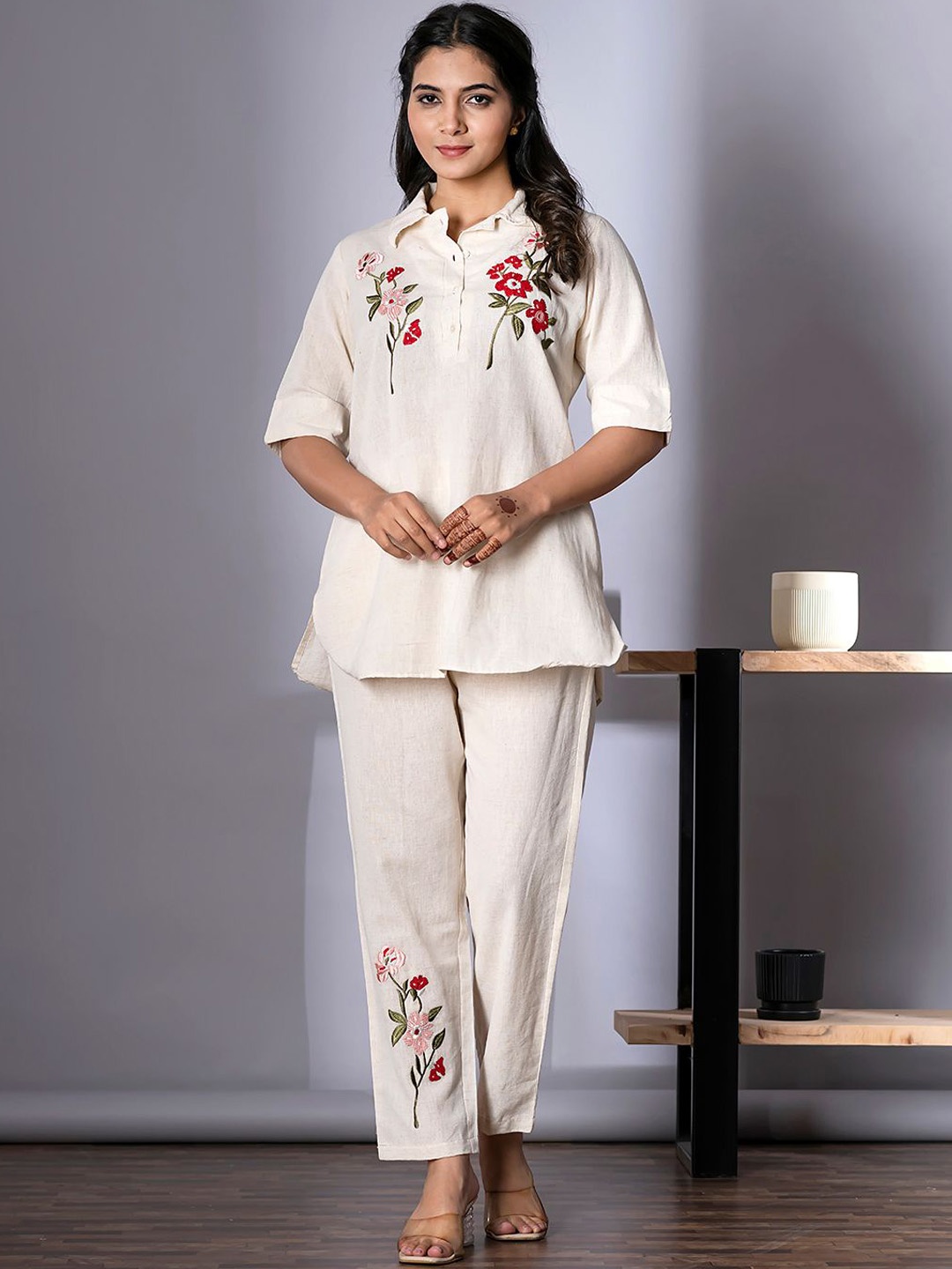 

Readiprint Floral Embroidered Shirt Collar Tunic With Trousers, Off white