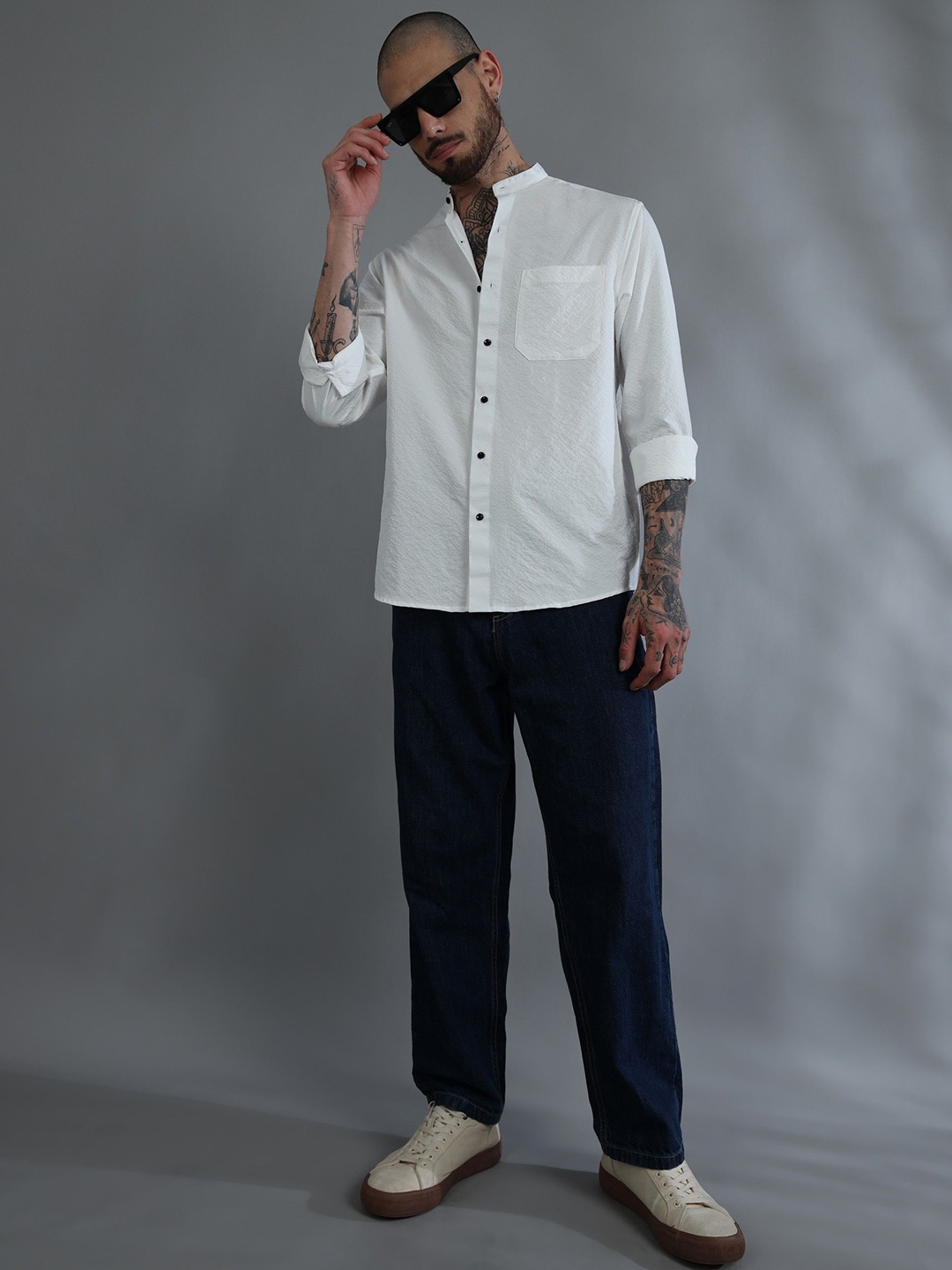 

HOUSE OF MAHNOTS Men Comfort Slim Fit Band Collar Textured Casual Shirt, White