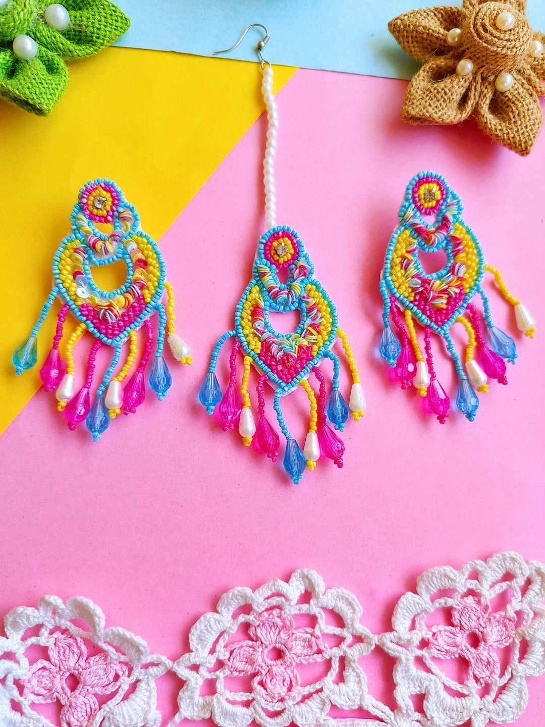 

Sangria Pink Gold-Plated Artificial Beaded Boho Bridal Tasselled Maang Tika And Earrings