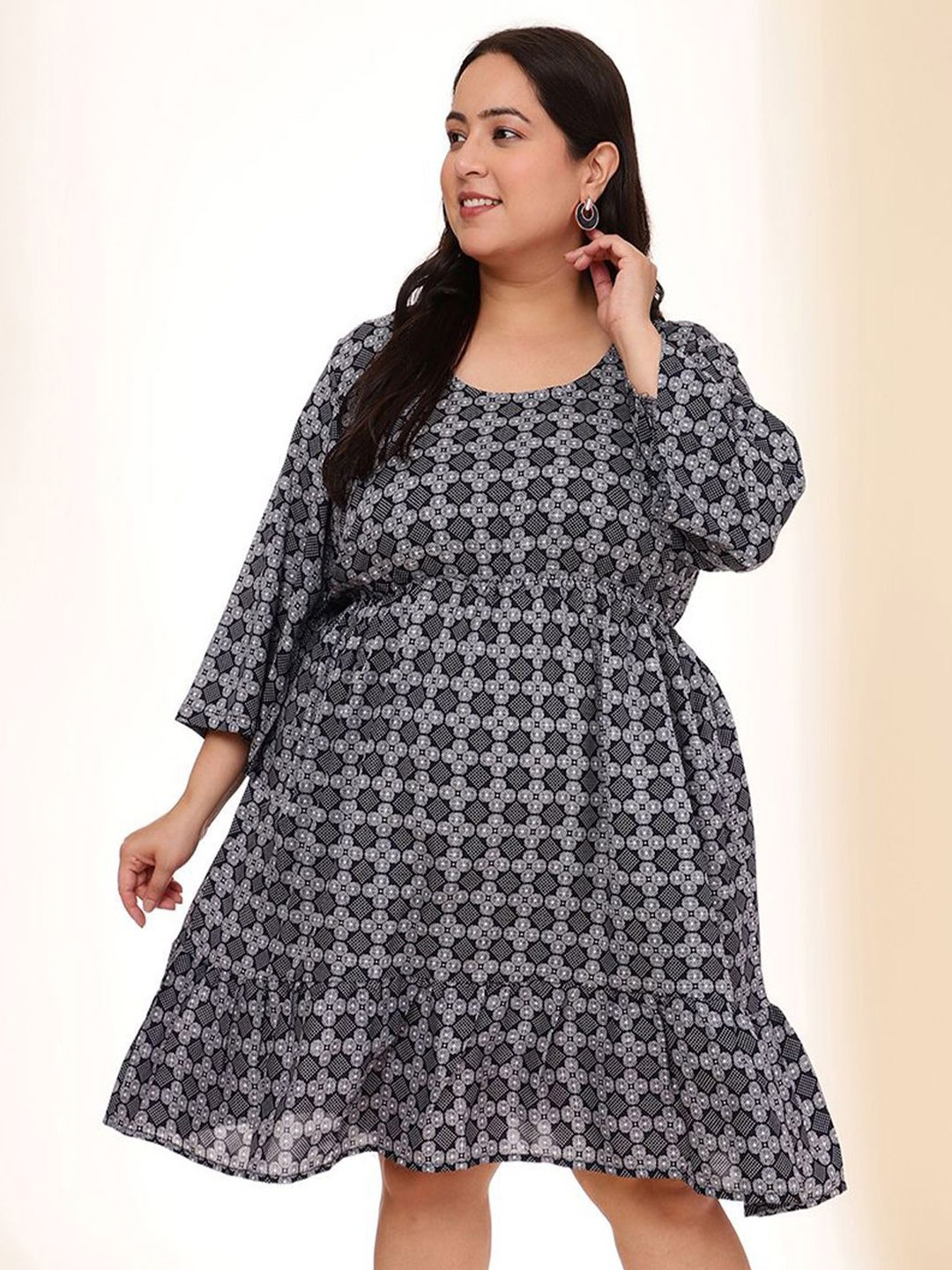 

DressBerry Curve Women Printed Fit & Flare Dress, Black