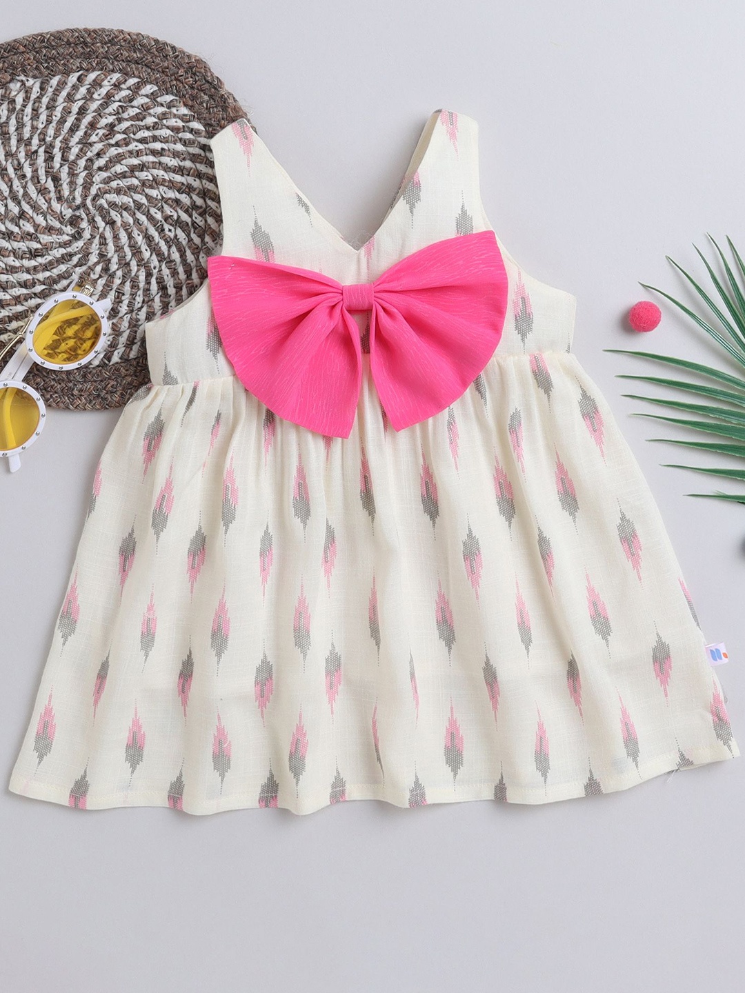 

MANY FROCKS & Girl Print V-Neck Bow Detail Cotton Fit & Flare Dress, Cream