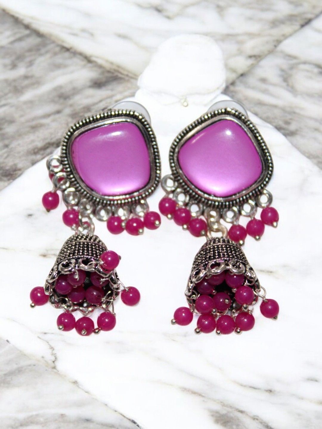 

Jolly Faces Artificial Stones Studded And Beaded Dome Shaped Oxidised Jhumkas, Silver