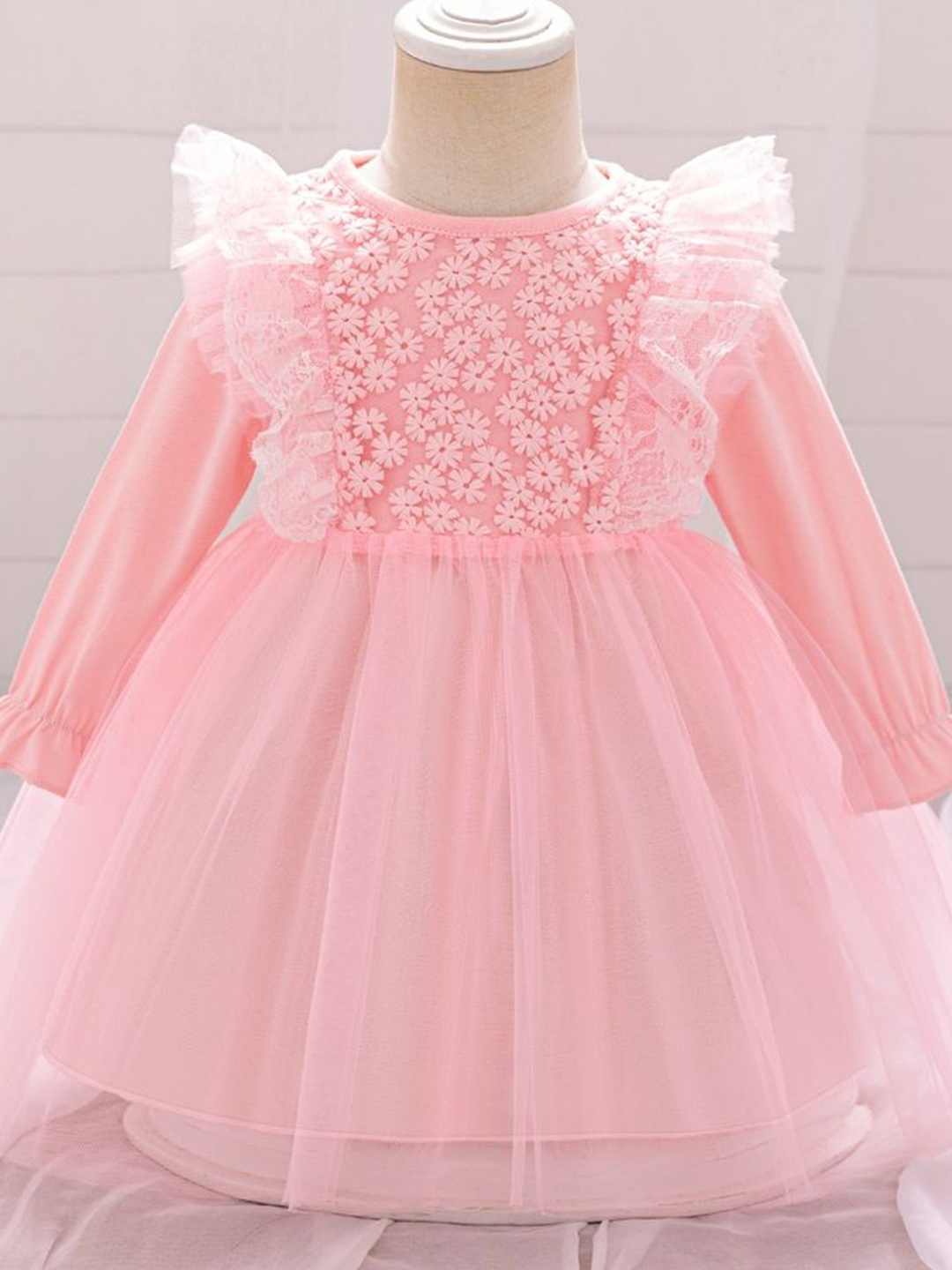 

LULU & SKY Girls Floral Embroidered Puff Sleeves Ruffles Gown Dress, Pink