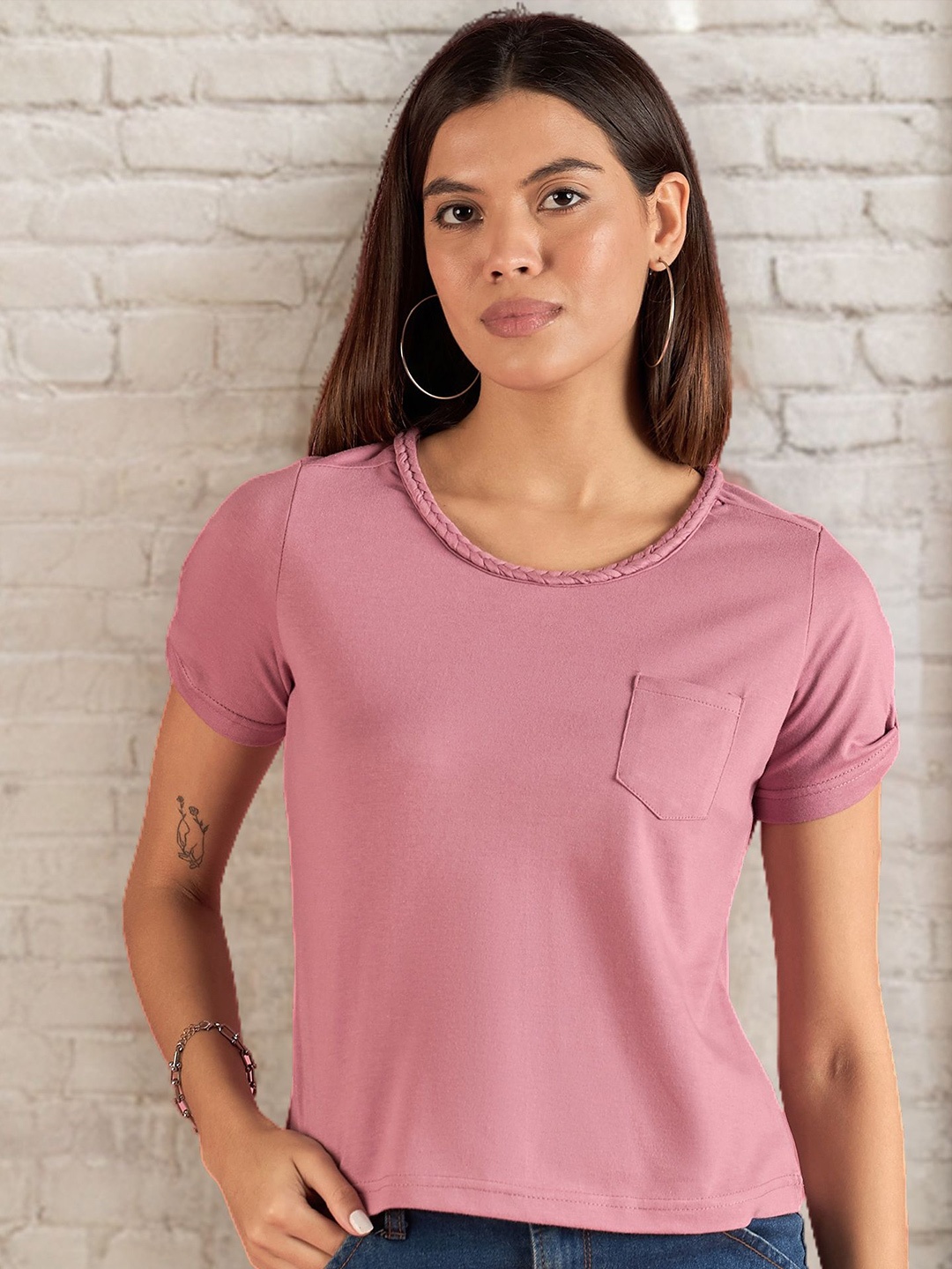 

ANJIR Women Solid Round Neck Cotton Top, Mauve