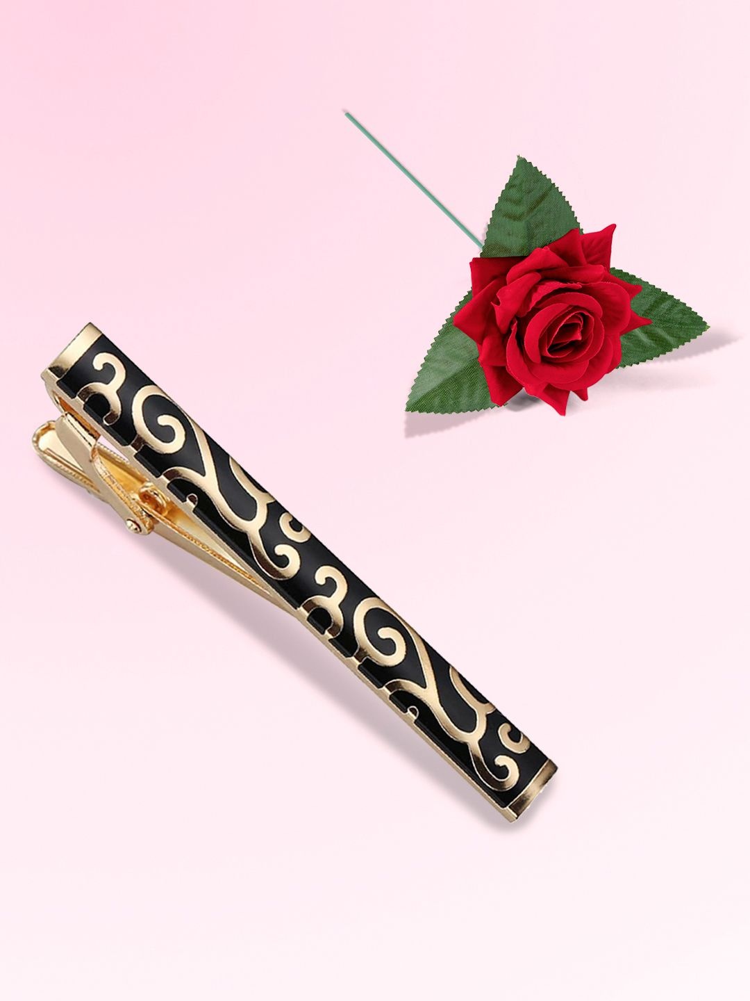 

Peora Two Tone Textured Minimal Tie Pin With Red Rose, Gold