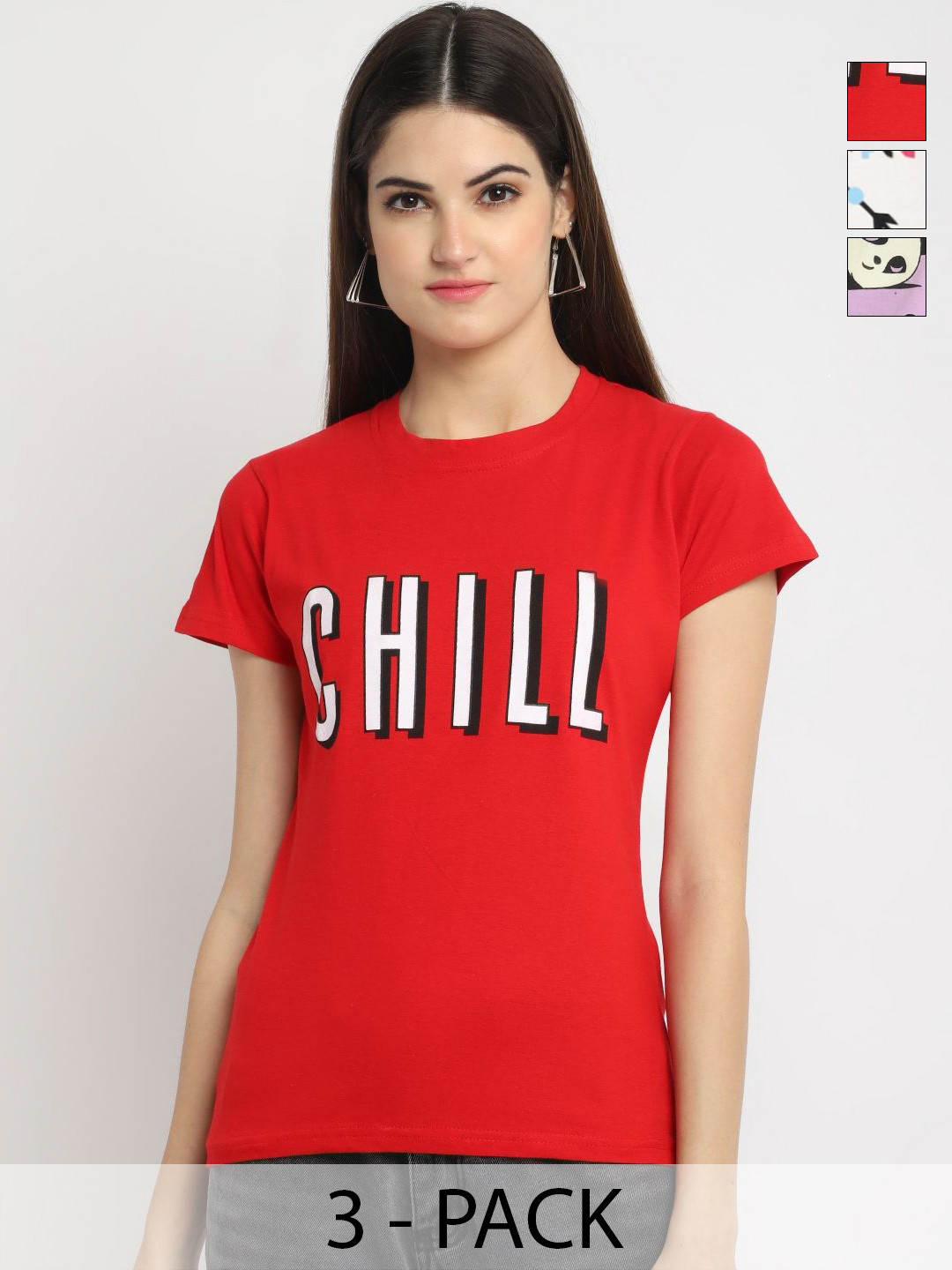 

Dreambe Women Pack Of 3 Typography Printed Round Neck Cotton T-shirts, Red