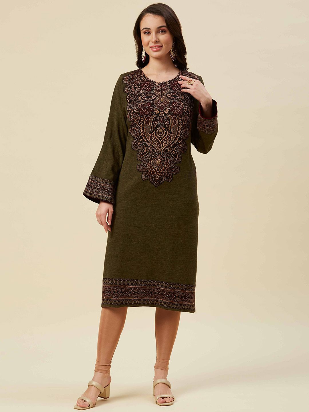 

Peachmode Flared Sleeves Woollen Straight Kurta, Olive