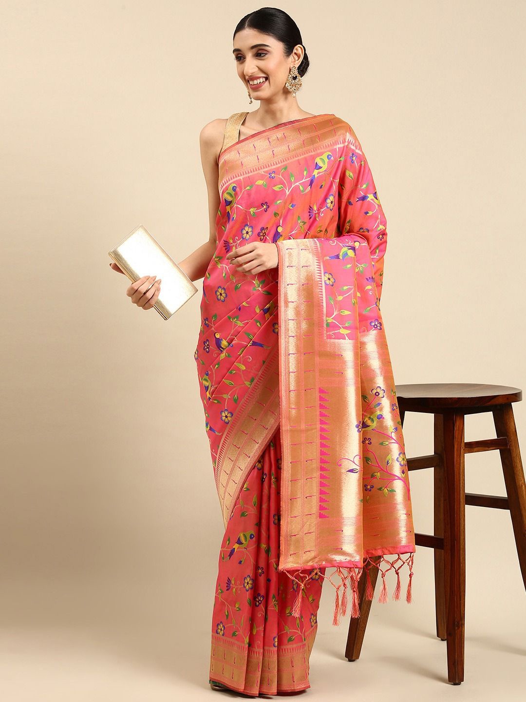 

DIVASTRI Woven Design Zari Silk Blend Paithani Saree, Peach