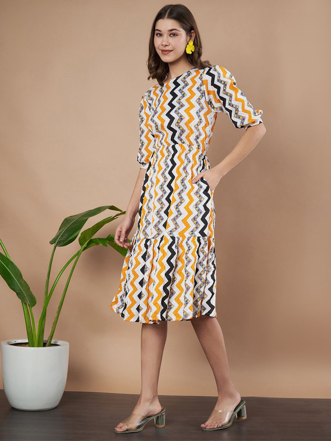 

Istyle Can Women Puff Sleeve Fit and Flare Dress, Mustard
